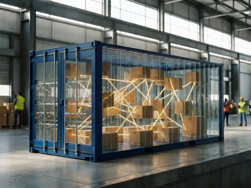 Transparent glass shipping container with cargo boxes connected by glowing golden chains on modern warehouse dock