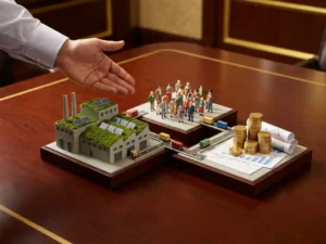 Wooden boardroom table with three sustainability models: miniature green-roofed factory