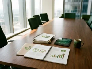 Wooden boardroom table with sustainability reports featuring green leaf symbols and environmental charts