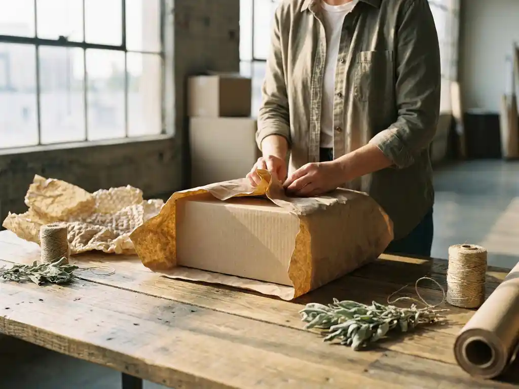Cardboard shipping box wrapped in biodegradable brown paper with hemp twine and recycled bubble wrap on warehouse desk