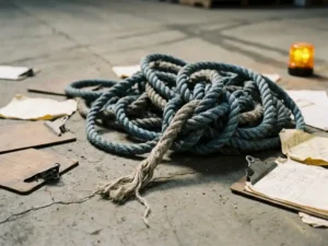 Tangled industrial shipping rope on a weathered warehouse floor