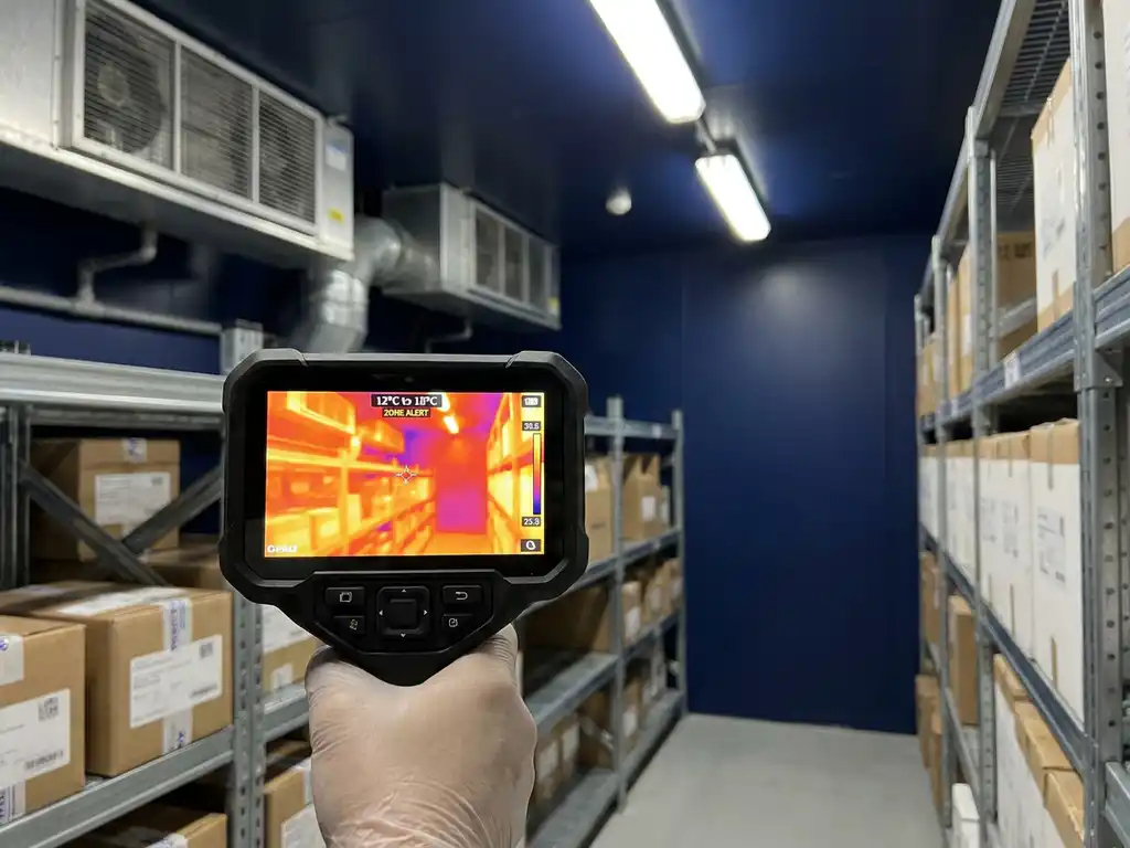 Thermal imaging camera displaying orange and red heat signatures over pharmaceutical packages on warehouse shelving in climate-controlled facility