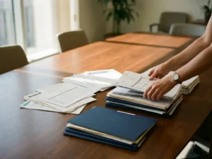Professional hands organizing scattered vendor contracts and invoices into three neat stacks on polished wooden conference table