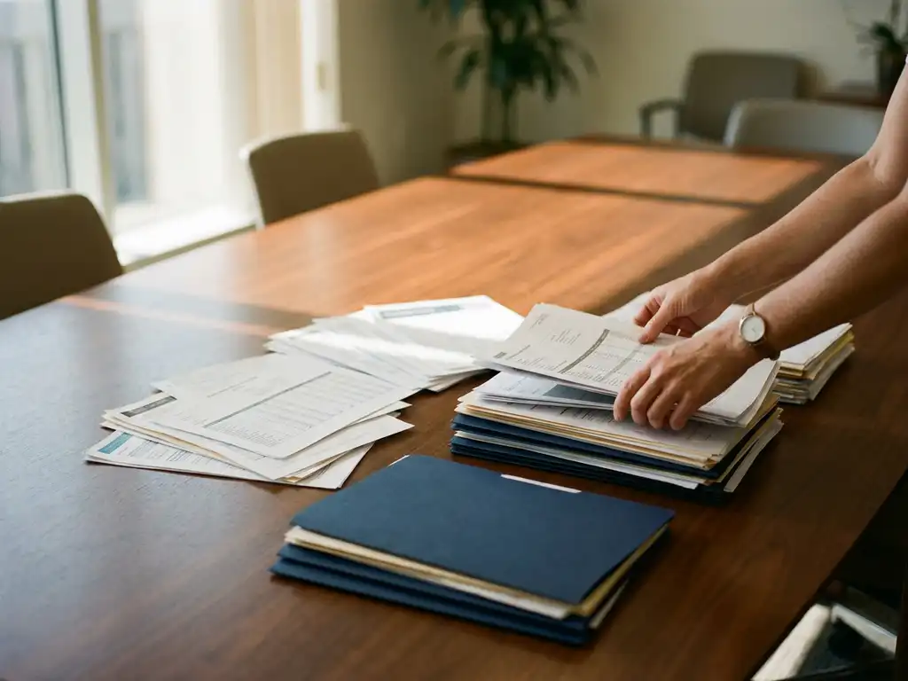 Professional hands organizing scattered vendor contracts and invoices into three neat stacks on polished wooden conference table