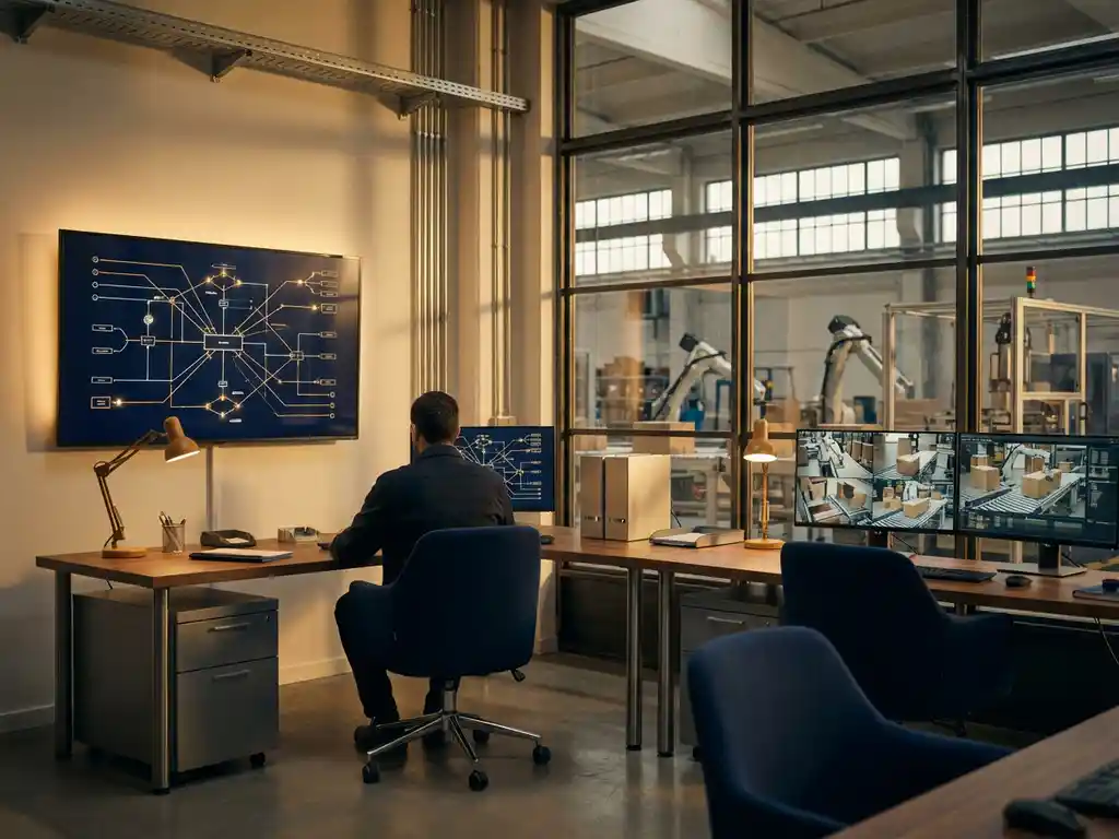 Warehouse control room with dual workstations displaying network diagrams and automated conveyor monitoring screens