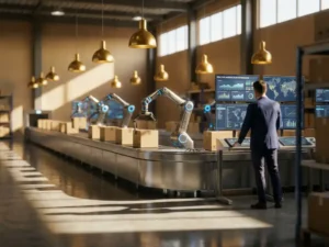 Modern warehouse with automated conveyor belt system