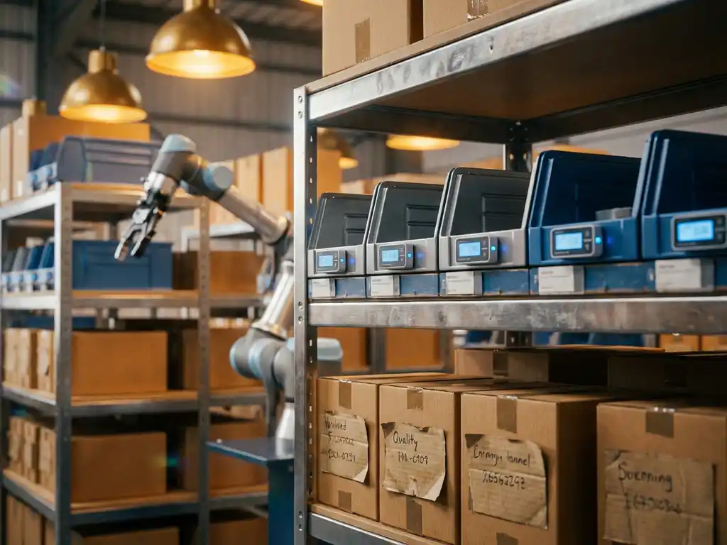 Modern warehouse shelving system with organized inventory boxes featuring digital sensors and automated robotic arm selecting products under warm industrial lighting