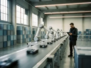 Modern warehouse with robotic arms placing components on conveyor belt while human supervisor monitors tablet nearby.