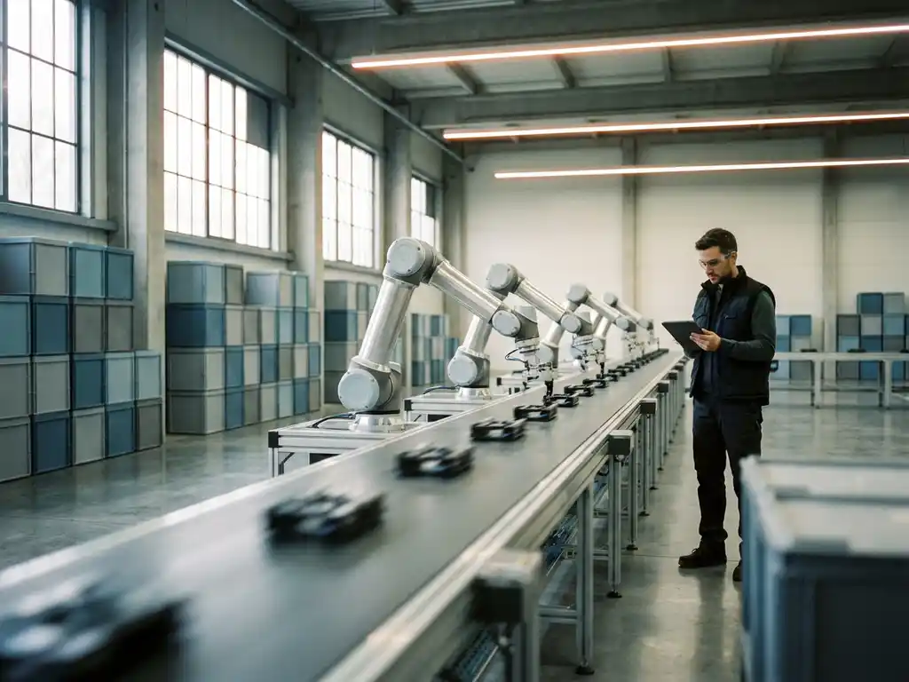 Modern warehouse with robotic arms placing components on conveyor belt while human supervisor monitors tablet nearby.