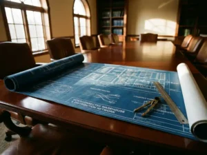 Architectural blueprint of warehouse facilities and distribution centers on mahogany table with compass and ruler in natural light