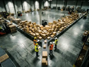 Workers in safety vests examine clipboards near a conveyor belt bottleneck with stacked cardboard boxes in a modern warehouse.