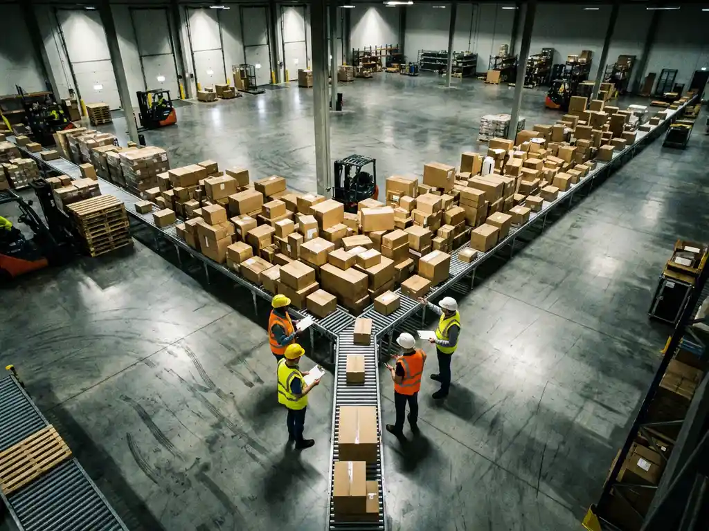Workers in safety vests examine clipboards near a conveyor belt bottleneck with stacked cardboard boxes in a modern warehouse.
