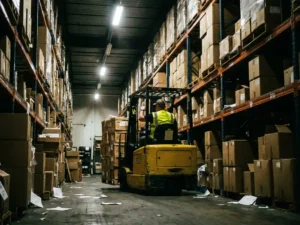 Forklift operator waiting in congested warehouse aisle with stacked cardboard boxes creating bottlenecks and scattered papers.