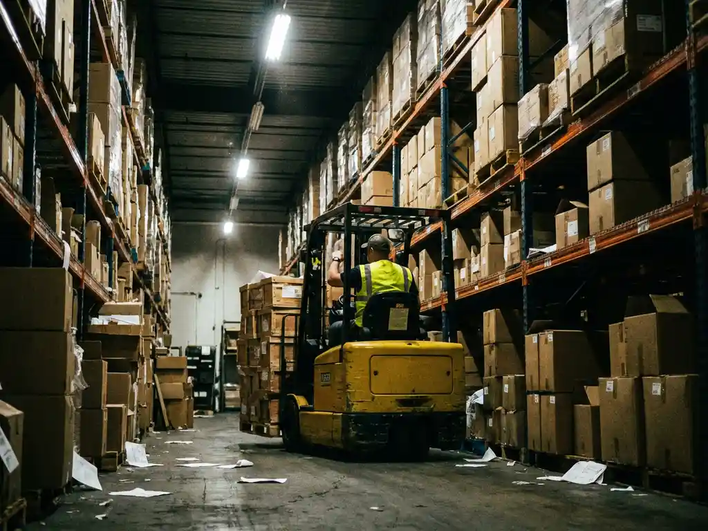 Forklift operator waiting in congested warehouse aisle with stacked cardboard boxes creating bottlenecks and scattered papers.