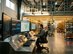 Modern warehouse control center with multiple monitors showing logistics data