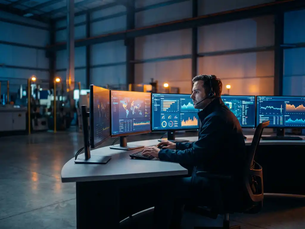 Supply chain analyst reviewing real-time logistics data on glowing performance monitors in modern warehouse control room with dramatic navy and amber lighting