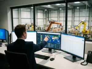 Professional analyst pointing at logistics data visualizations on multiple monitors in modern warehouse control room with robotic arms visible in background