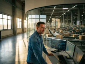 Logistics manager monitoring real-time tracking data at control station overlooking busy warehouse with conveyor belts