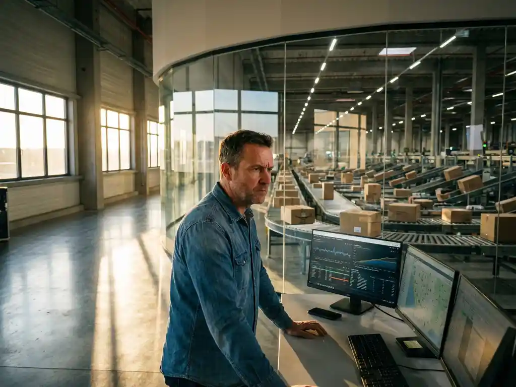 Logistics manager monitoring real-time tracking data at control station overlooking busy warehouse with conveyor belts