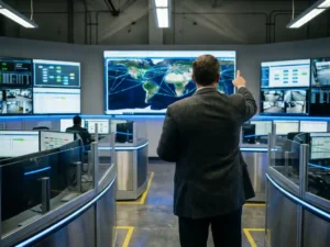 Manager in business suit pointing at wall screen showing global shipping routes in modern warehouse control room with multiple monitors displaying logistics data.