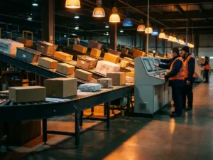 Workers in safety vests monitor touchscreen panels beside conveyor belt carrying packages through illuminated warehouse with polished concrete floors