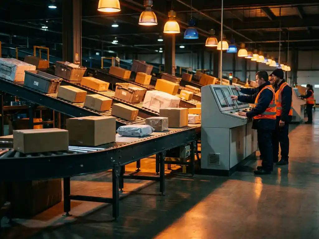 Workers in safety vests monitor touchscreen panels beside conveyor belt carrying packages through illuminated warehouse with polished concrete floors