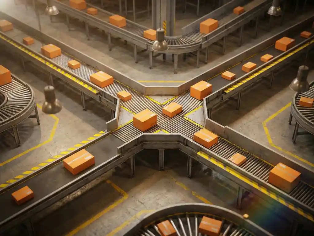 Overhead view of warehouse conveyor belt network with orange packages flowing through junction points in modern distribution center