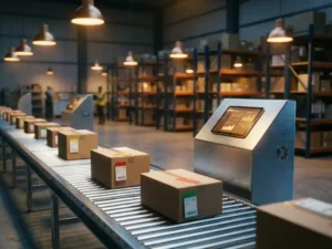Warehouse conveyor belt with cardboard packages featuring colored efficiency tags