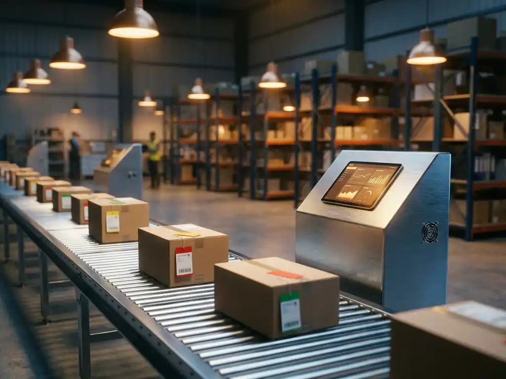 Warehouse conveyor belt with cardboard packages featuring colored efficiency tags