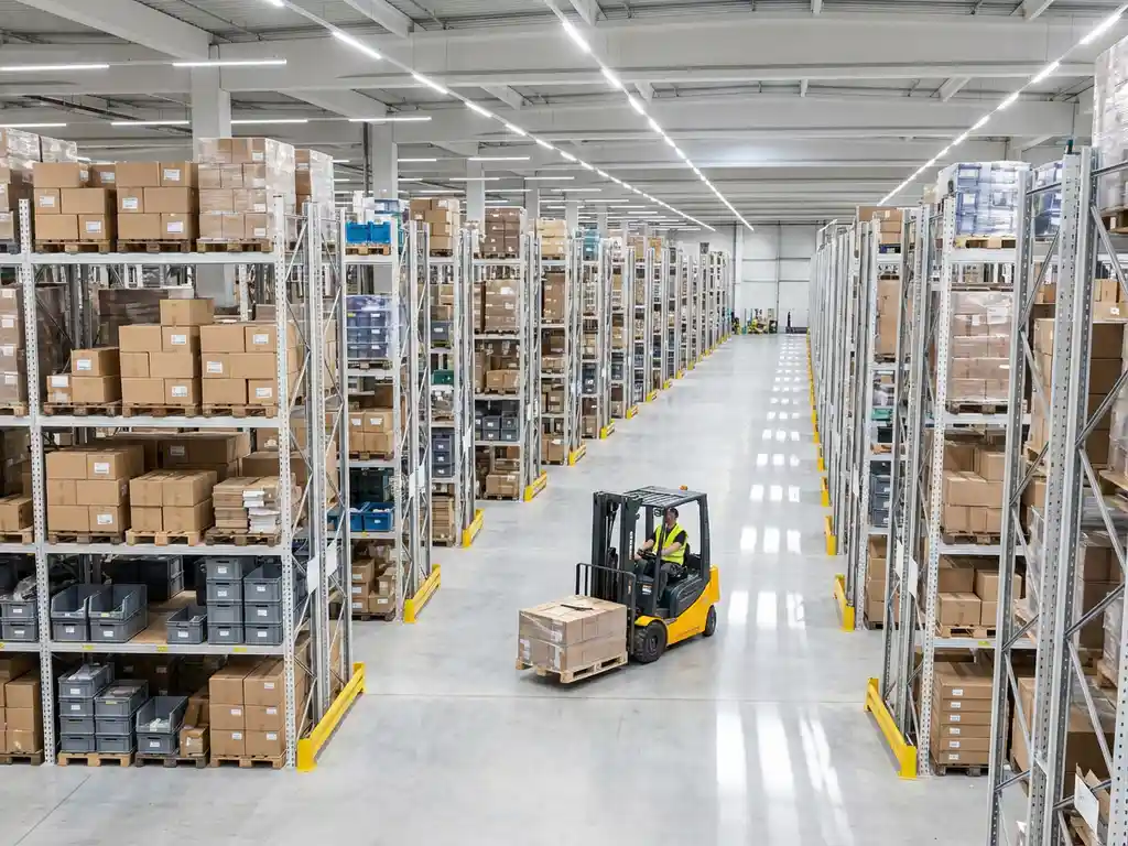 Modern warehouse interior with organized shelving systems
