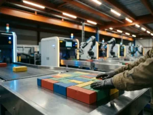 Warehouse worker's hands arranging colorful product boxes in geometric patterns on conveyor belt with automated sorting equipment
