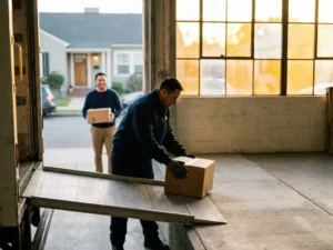 Warehouse worker loading packed box into delivery truck while customer receives package at doorstep