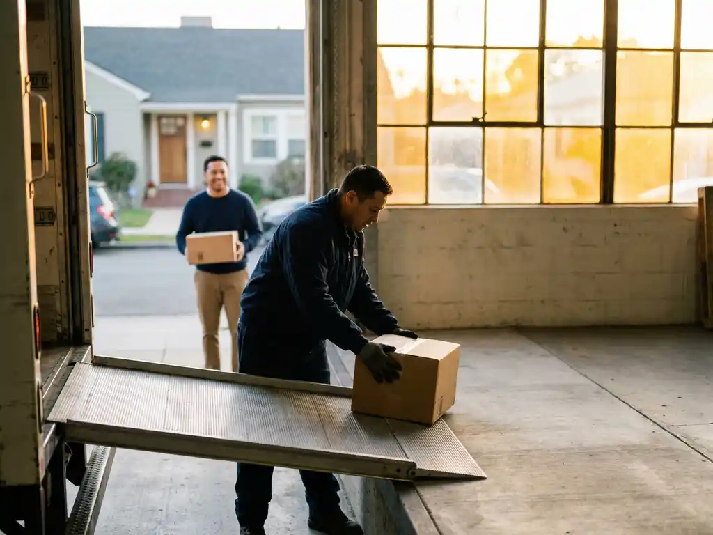 Warehouse worker loading packed box into delivery truck while customer receives package at doorstep