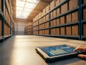Modern warehouse with organized cardboard boxes on metal shelving and digital tablet showing analytics graphs on polished concrete floor