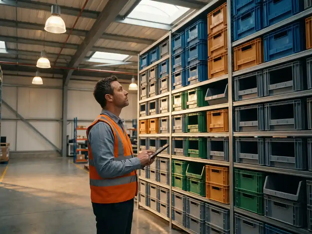 Warehouse manager inspecting color-coded inventory shelves with varying stock levels in modern industrial facility