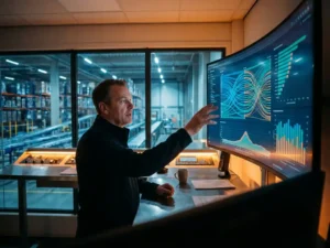 Supply chain manager analyzing real-time inventory data on curved monitors in modern warehouse control room with steel shelving
