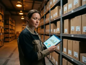Warehouse manager reviewing inventory analytics on digital tablet beside tall metal shelving units filled with organized cardboard boxes