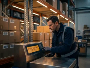 Warehouse manager checking digital scale displaying inventory levels amid organized cardboard boxes with barcodes on industrial shelving