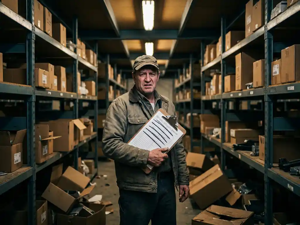 Warehouse manager with clipboard standing among disorganized inventory shelves with scattered boxes and empty spaces on concrete floor