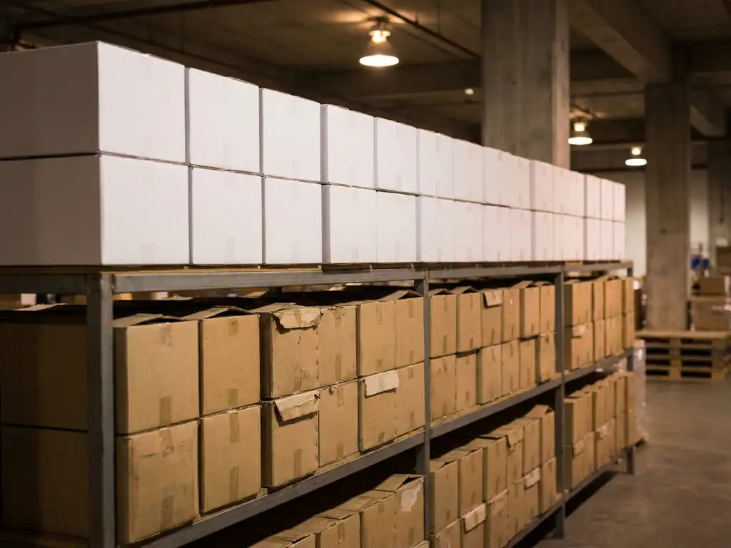 Warehouse shelf with stacked product boxes showing bright white new inventory on top of weathered brown older boxes in organized columns