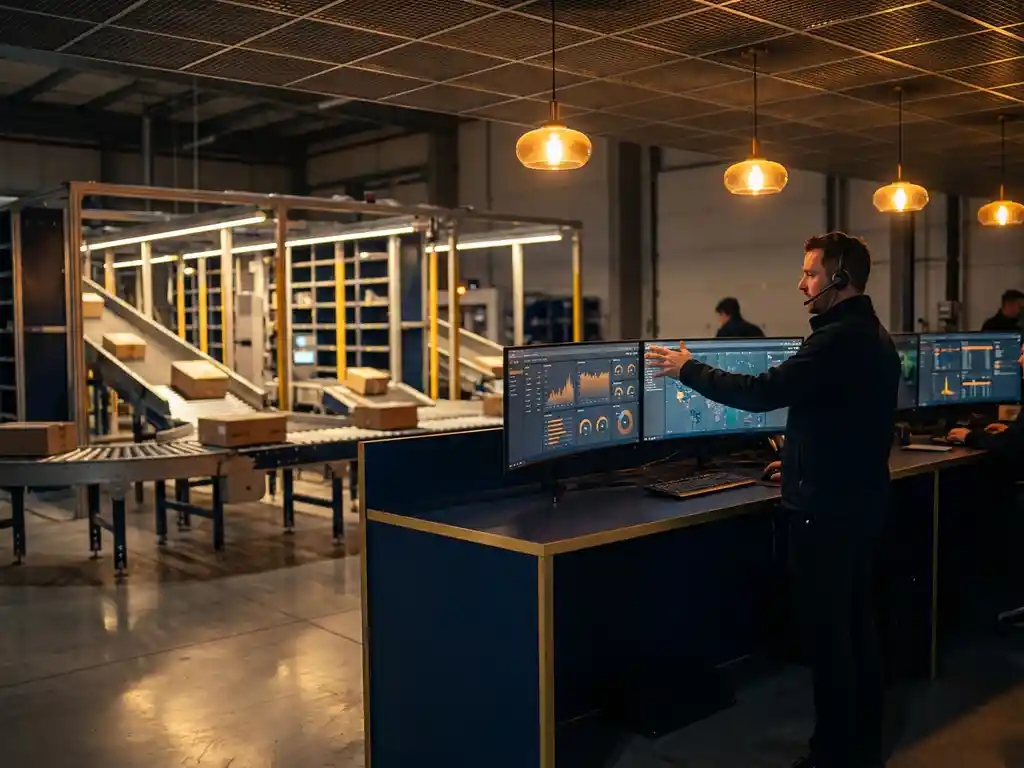 Supply chain manager coordinating shipments at warehouse control center with multiple monitors displaying inventory dashboards and automated sorting systems