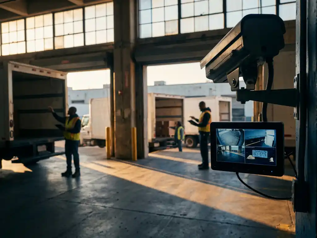 Warehouse loading dock with delivery trucks at concrete bays