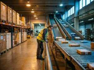 Warehouse logistics manager overseeing two conveyor belt routes merging into one optimized flow