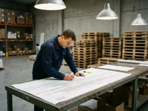 Warehouse logistics manager studying a color-coded master schedule on a steel planning table