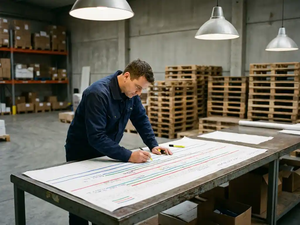 Warehouse logistics manager studying a color-coded master schedule on a steel planning table