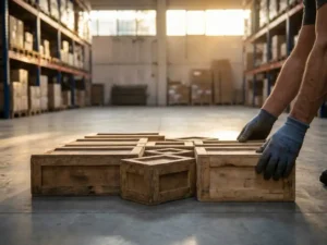 Warehouse manager's hands arranging wooden shipping crates in geometric pattern on concrete floor with industrial shelving