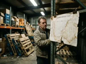 Warehouse manager examining a deteriorating demand forecast chart pinned to a metal shelf amid chaotic overflowing and near-empty inventory pallets.