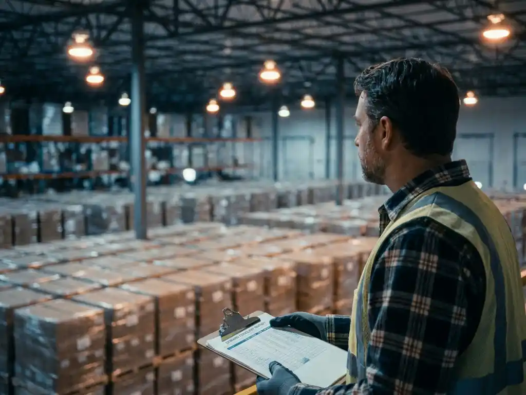Supply chain manager reviewing demand forecast report on warehouse floor with organized pallets stretching into the distance.