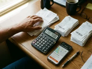 Warehouse manager's desk with calculator showing reduced numbers