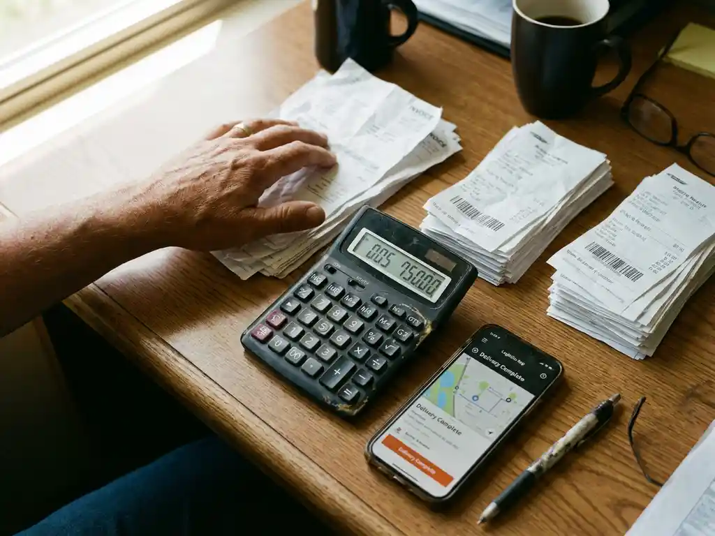 Warehouse manager's desk with calculator showing reduced numbers